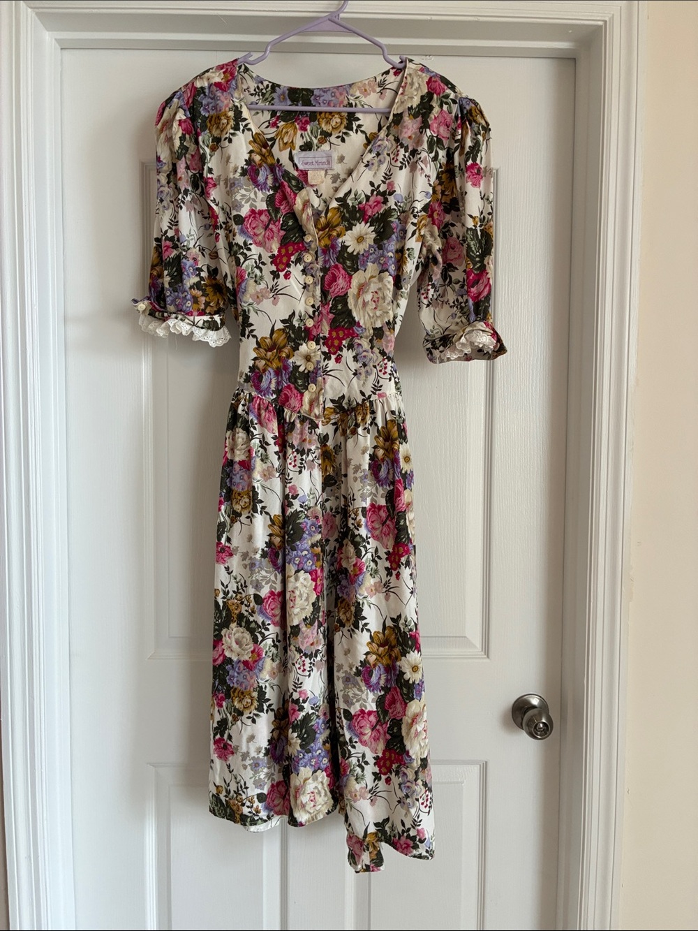 Vintage 80s Sweet Miranda Floral Rayon Midi Dress Prairie Cottagecore Button - Picture 3 of 9